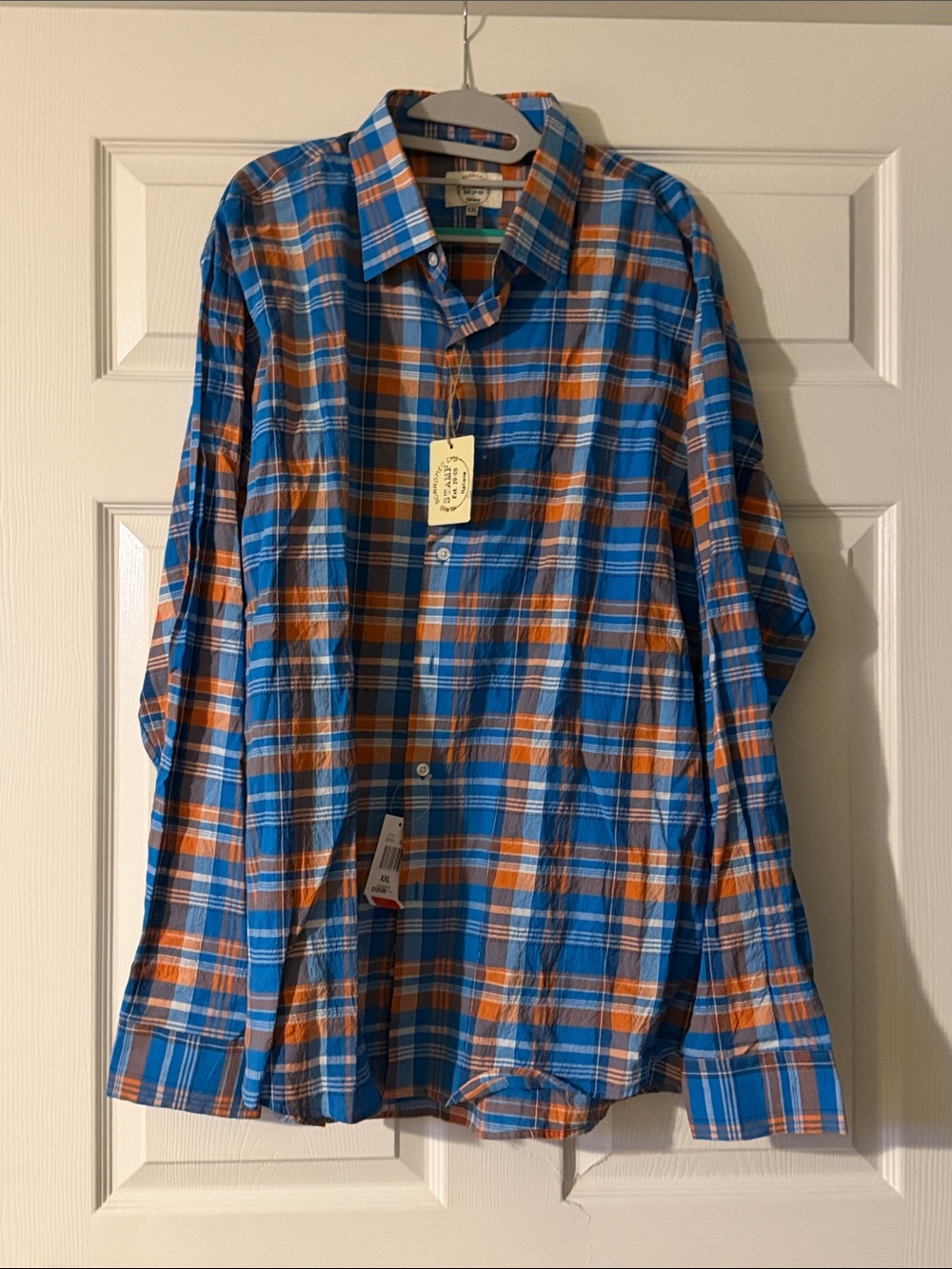 Men's Blue and Orange Plaid Button-Down Shirt